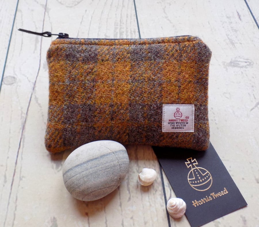 Harris Tweed coin purse.  Check plaid weave in mustard and pewter brown