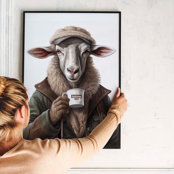 Tea drinking sheep portrait print