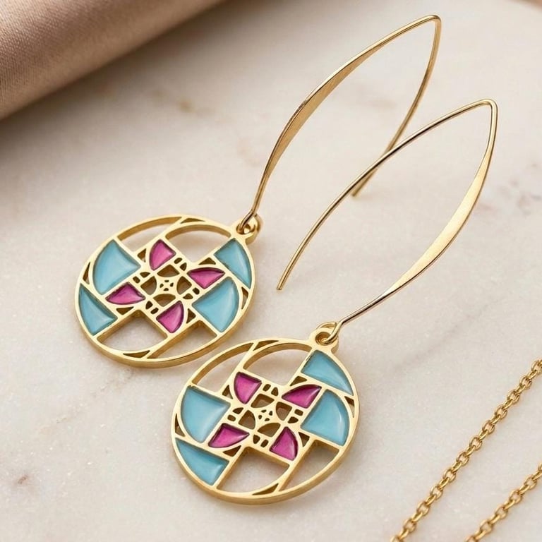 Fibonacci Spiral Mosaic Resin Earrings, Geometric Gold Threader Dangle