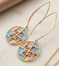 Fibonacci Spiral Mosaic Resin Earrings, Geometric Gold Threader Dangle