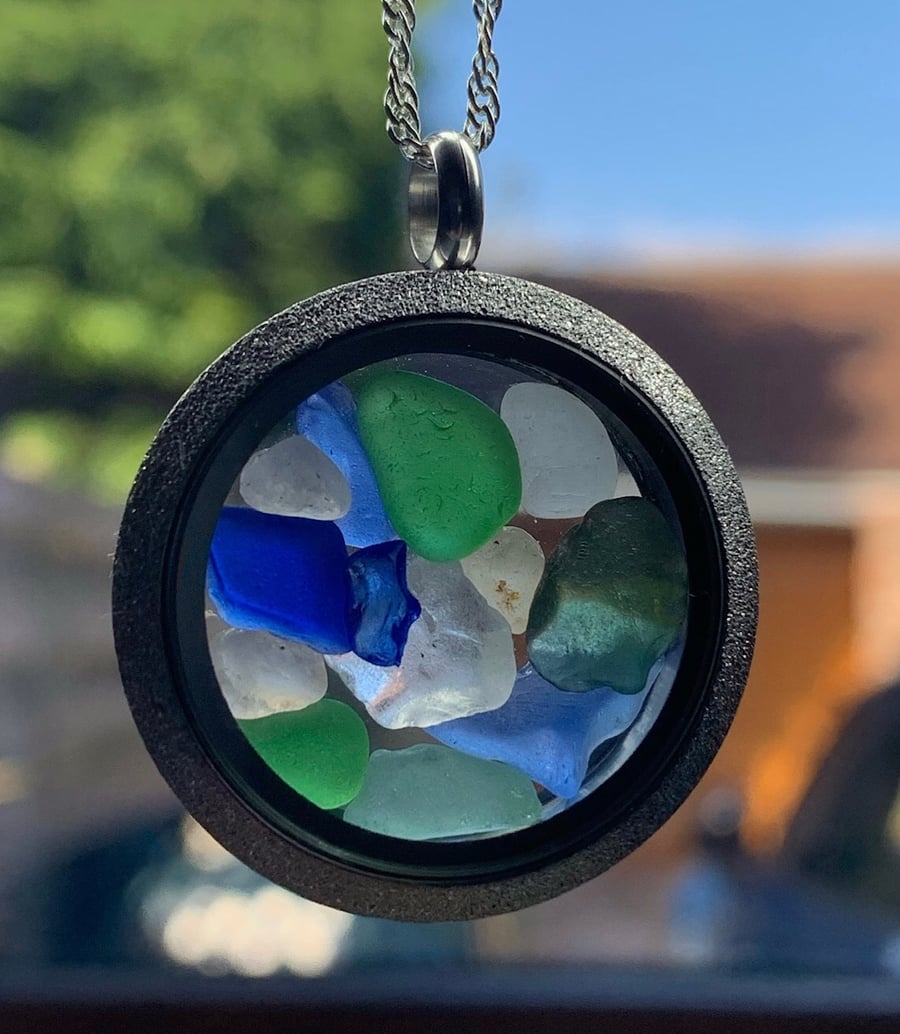 Seaglass filled frosted stainless steel locket