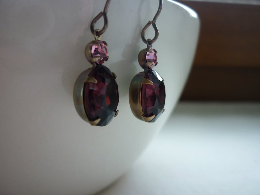 AMETHYST, PINK AND PATINA BRASS VINTAGE STYLE EARRINGS.  876