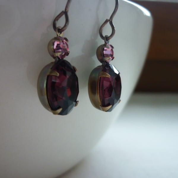 AMETHYST, PINK AND PATINA BRASS VINTAGE STYLE EARRINGS.  876