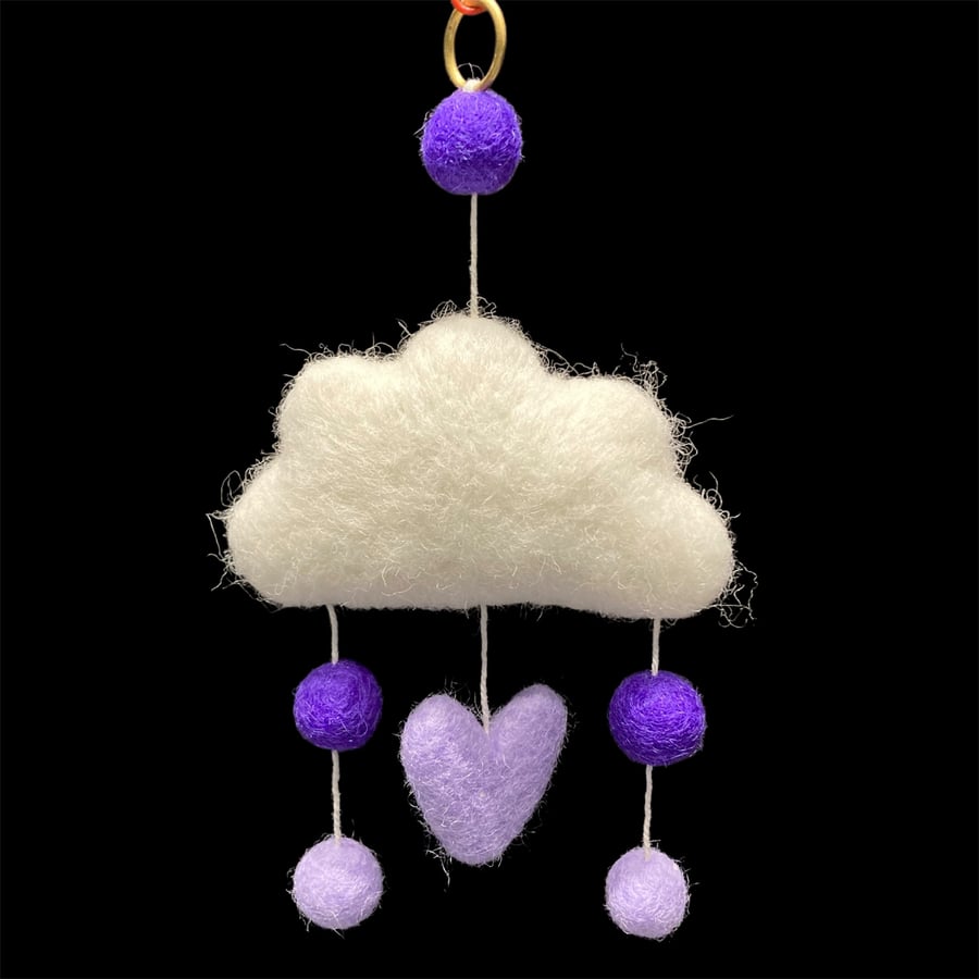 Felted small cloud wall hanging with coloured felt balls and heart (purple)