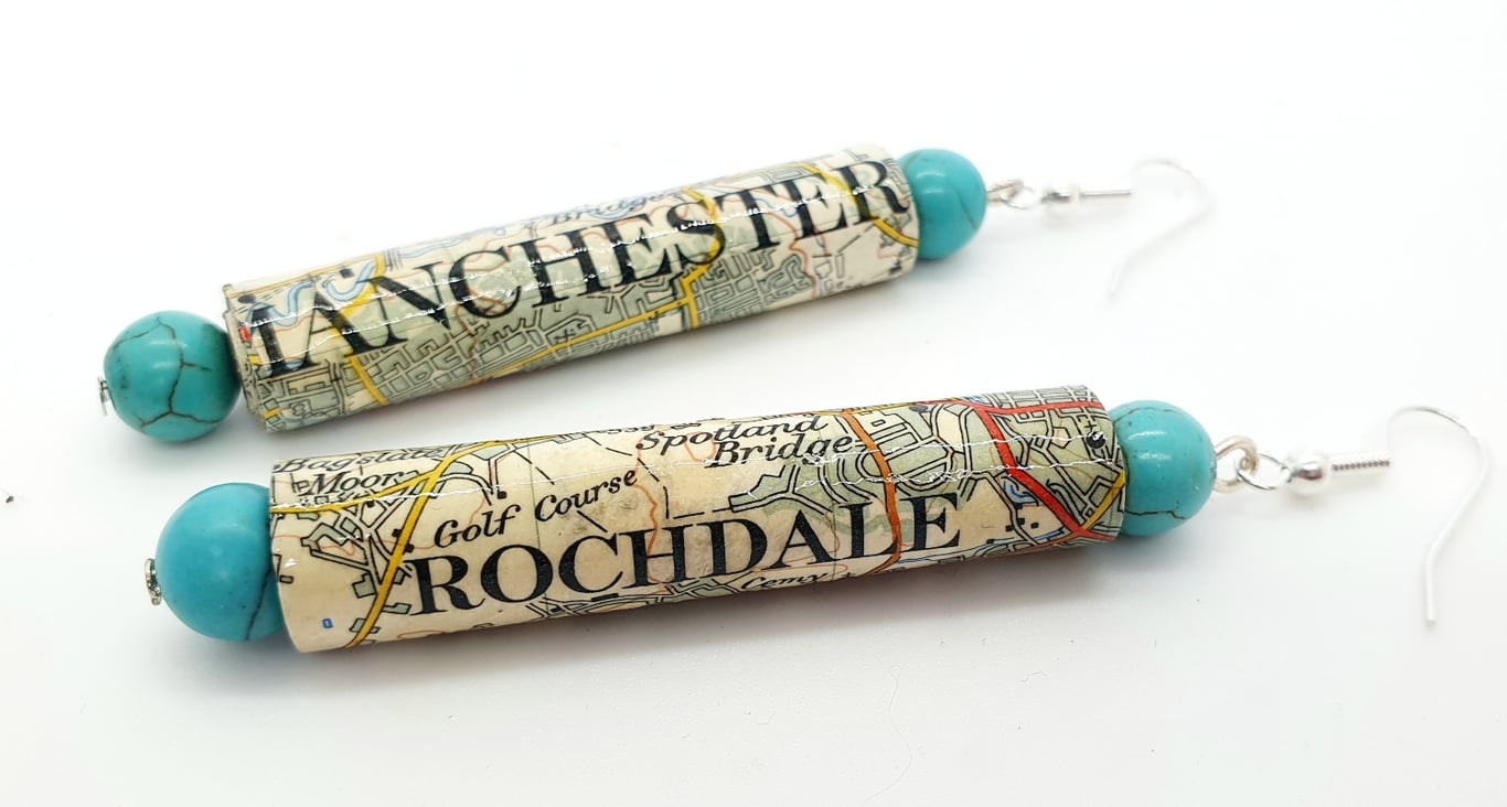Tubular paper beaded earrings made with old map of Manchester 