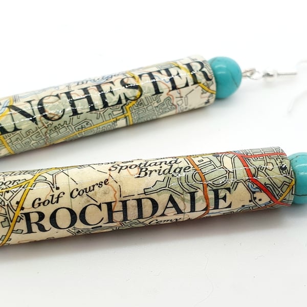 Tubular paper beaded earrings made with old map of Manchester 