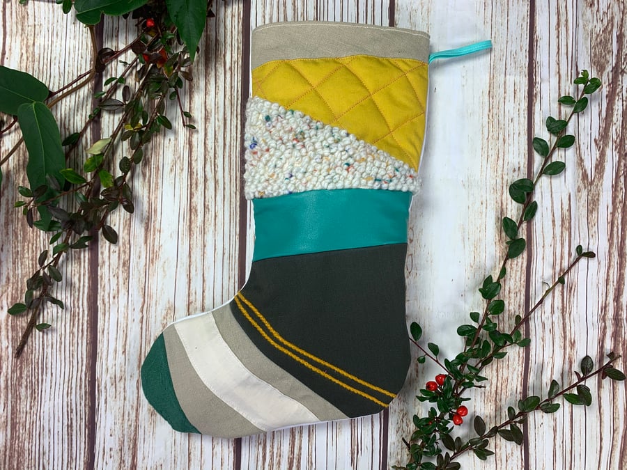 Handmade Christmas Stocking- patchwork, quilted, punch hook! White, mustard