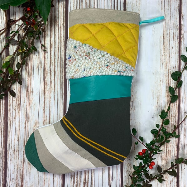 Handmade Christmas Stocking- patchwork, quilted, punch hook! White, mustard