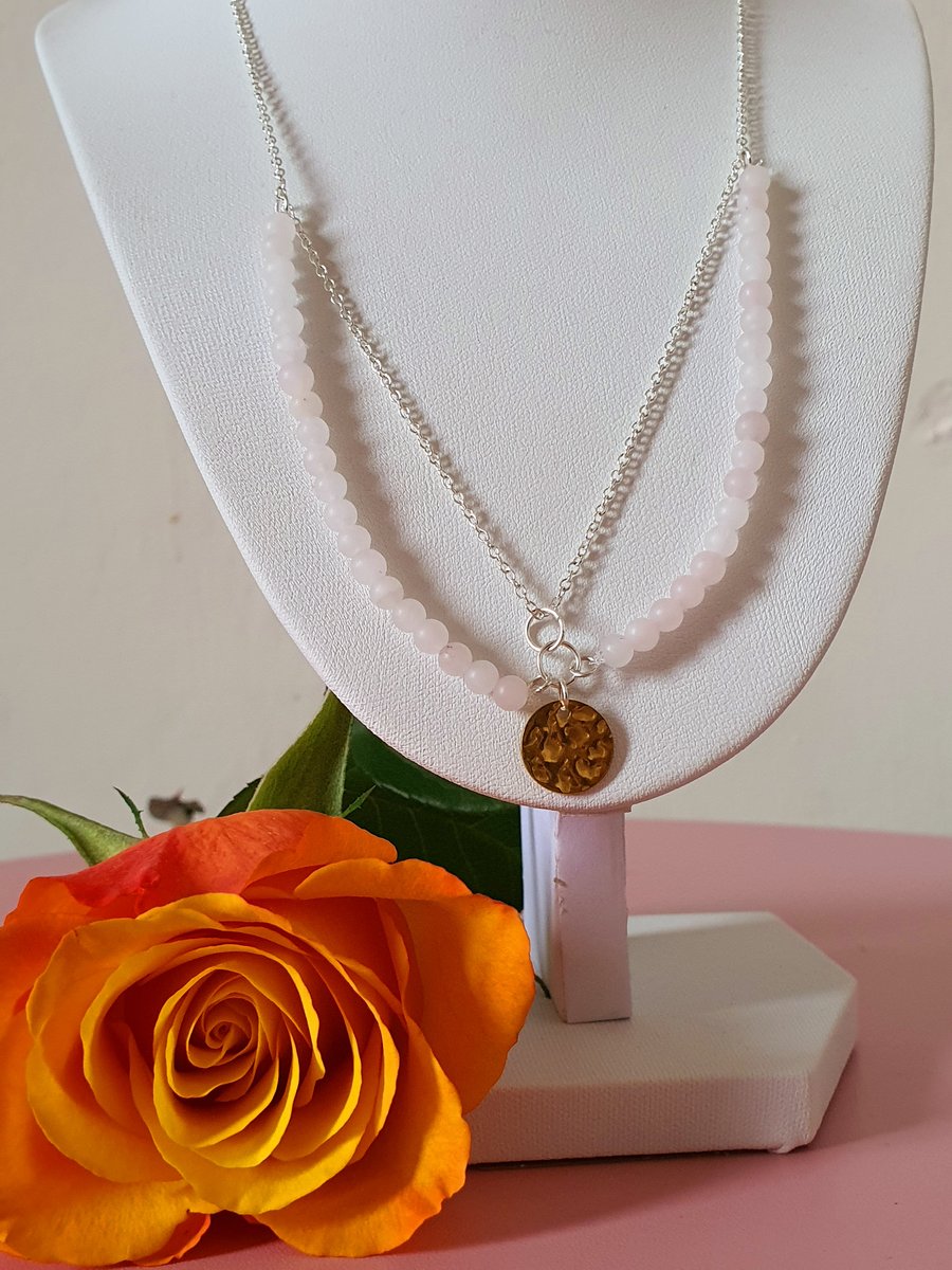 Natural rose quartz collar necklace 925 sterling silver