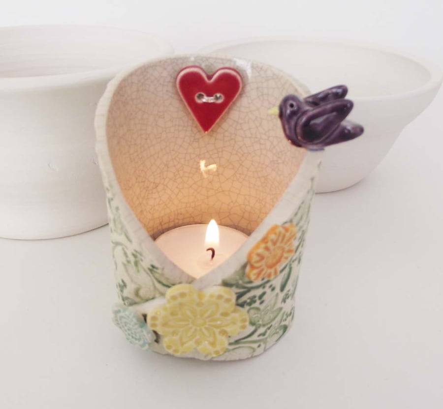 Spring flowers and bird ceramic candle holder