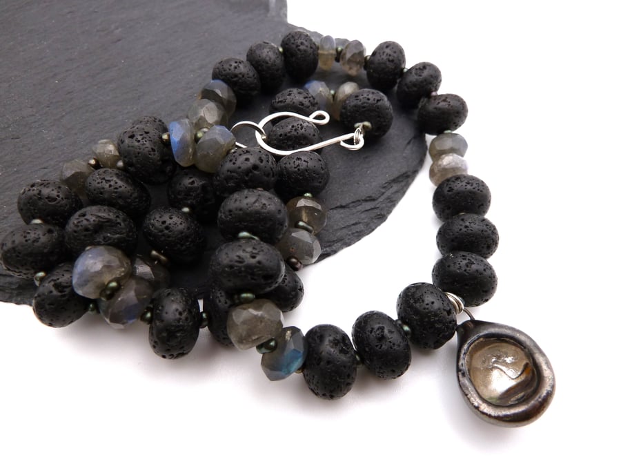 Labradorite and lava gemstone necklace, ceramic pendant