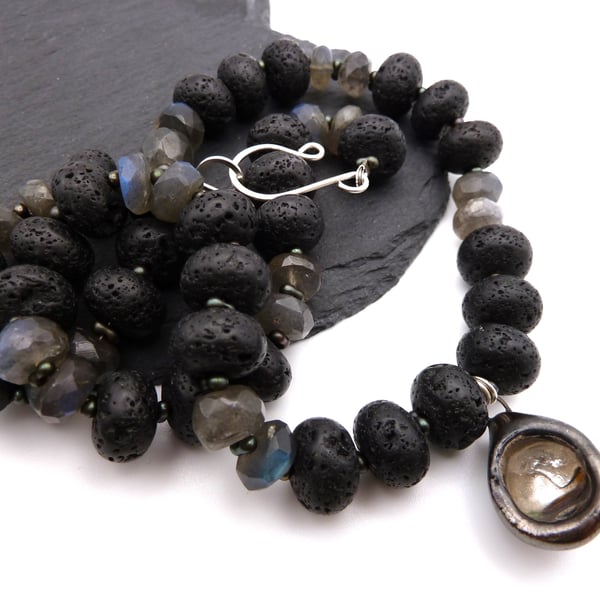 Labradorite and lava gemstone necklace, ceramic pendant