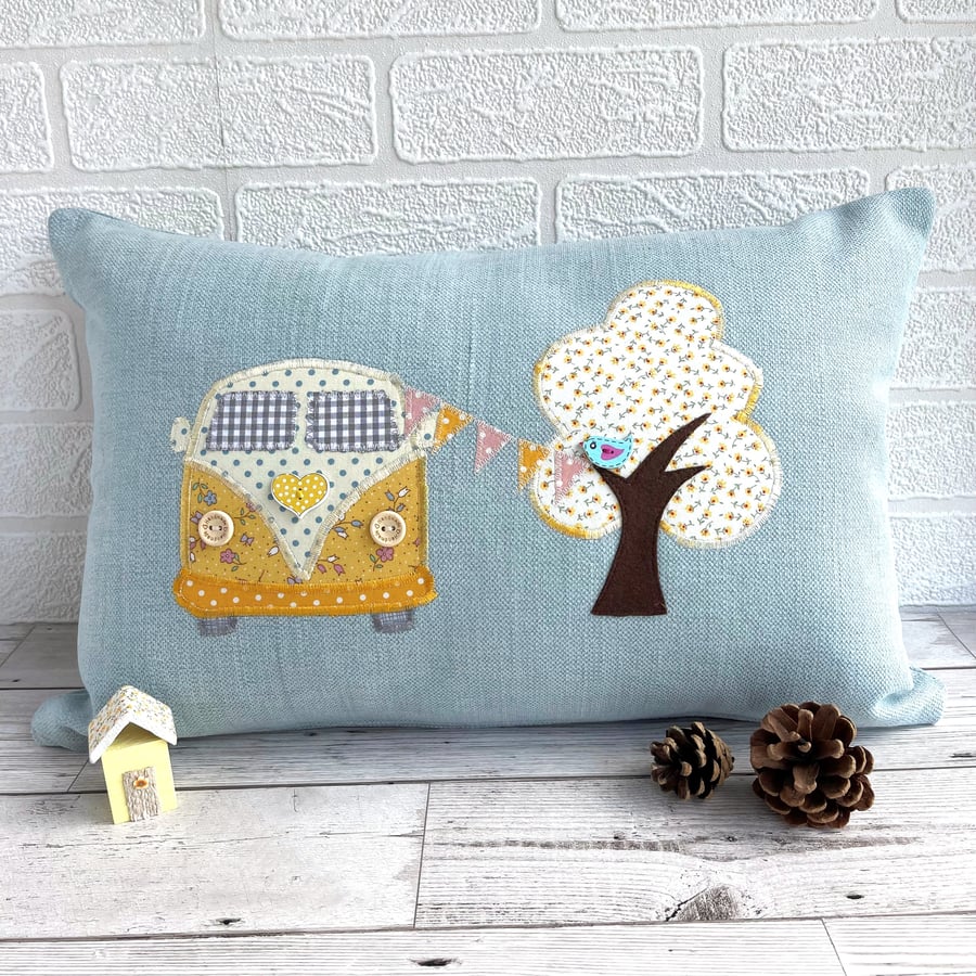 Campervan Cushion with Tree and Bunting