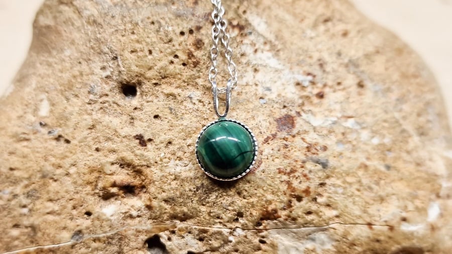 Tiny Green Malachite round pendant necklace. Sterling silver.