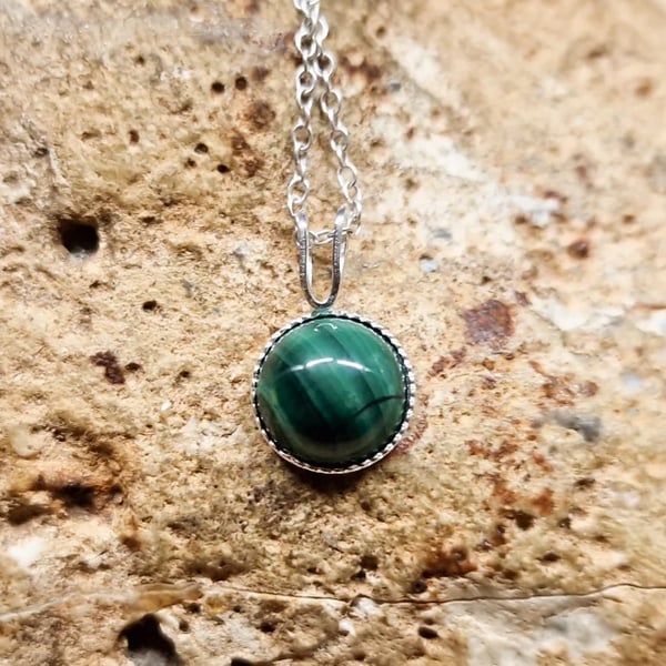 Tiny Green Malachite round pendant necklace. Sterling silver.