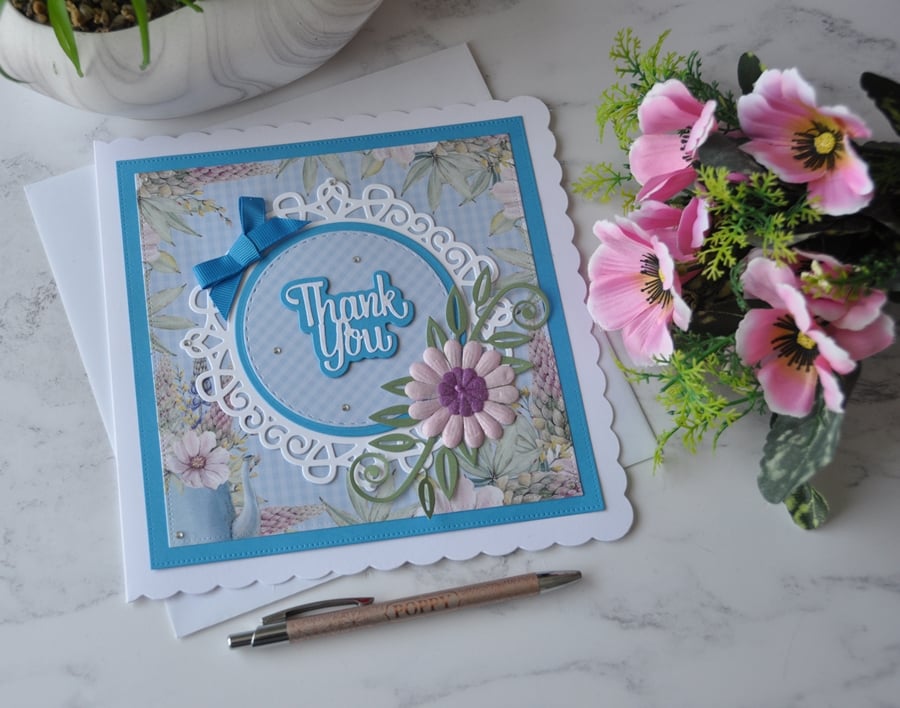 Thank You Card Blue Purple Pink Flower 3D Luxury Handmade Card