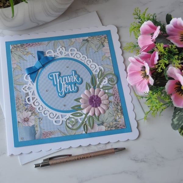 Thank You Card Blue Purple Pink Flower 3D Luxury Handmade Card