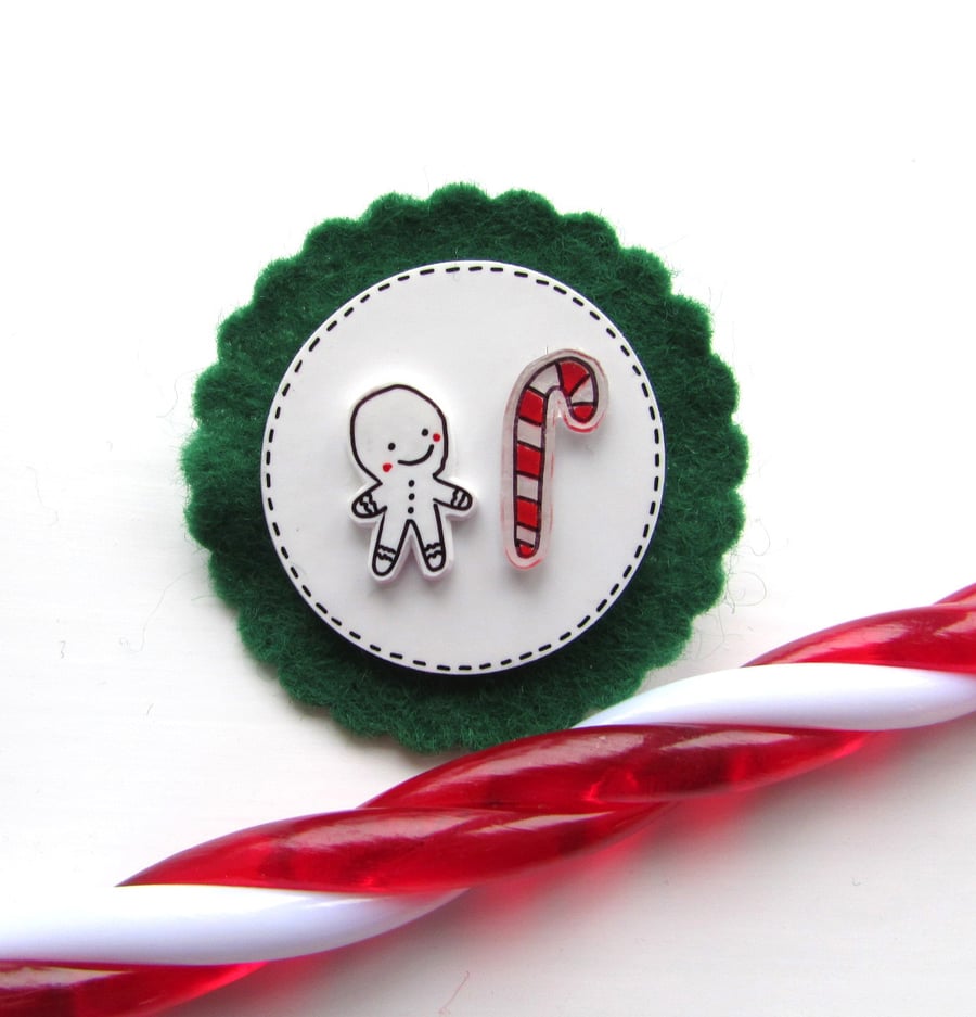 gingerbread man & candy cane brooch - handmade christmas brooch