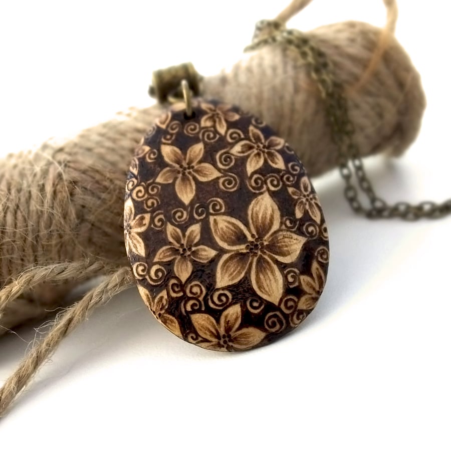 Gorgeous Blossom Pyrography Pendant Necklace, Wood Teardrop, Flower Lover