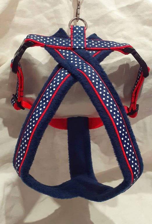 Navy & White Polka Dot Fleece Lined Dog Harness with Matching Lead Options.