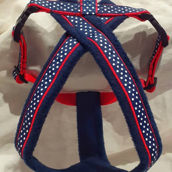 Navy & White Polka Dot Fleece Lined Dog Harness with Matching Lead Options.