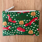 Small zipped fabric purse, pouch, make up bag, green with fun foxes print.