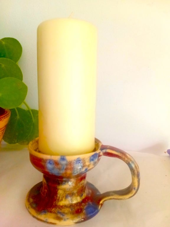Pillar or church candleholder, red and blue, pottery hand made