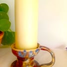 Pillar or church candleholder, red and blue, pottery hand made