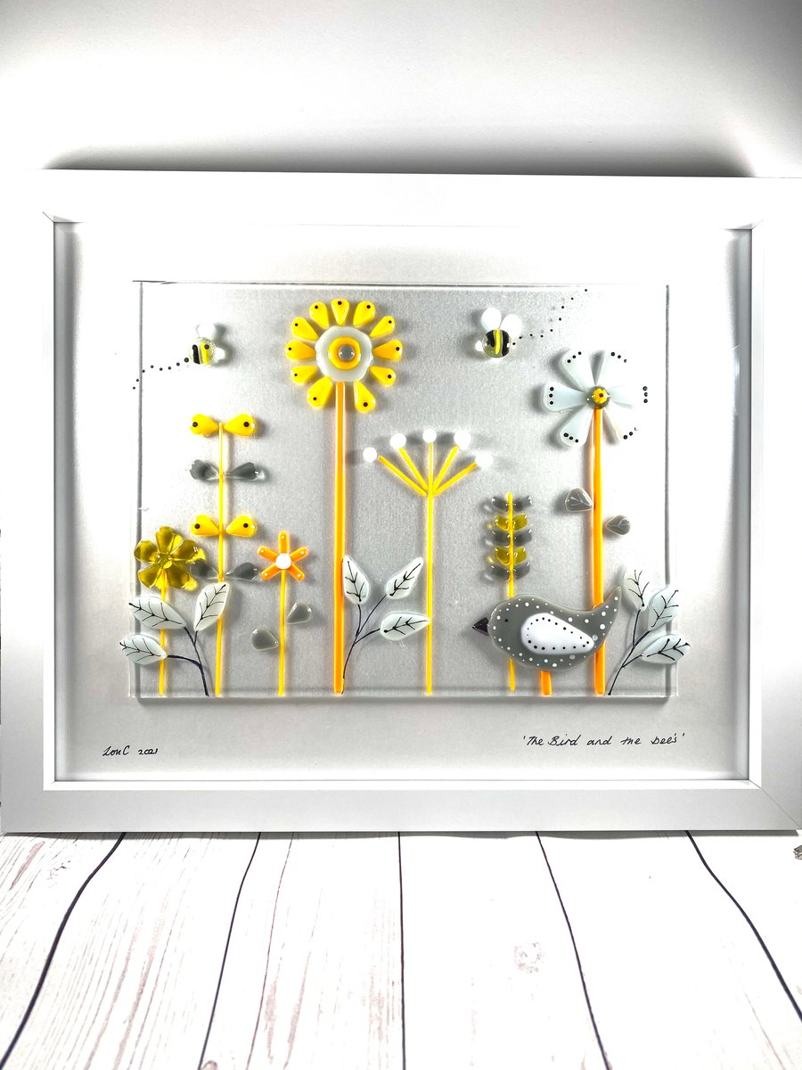 Retro inspired “the bird and the bees” glass art picture.