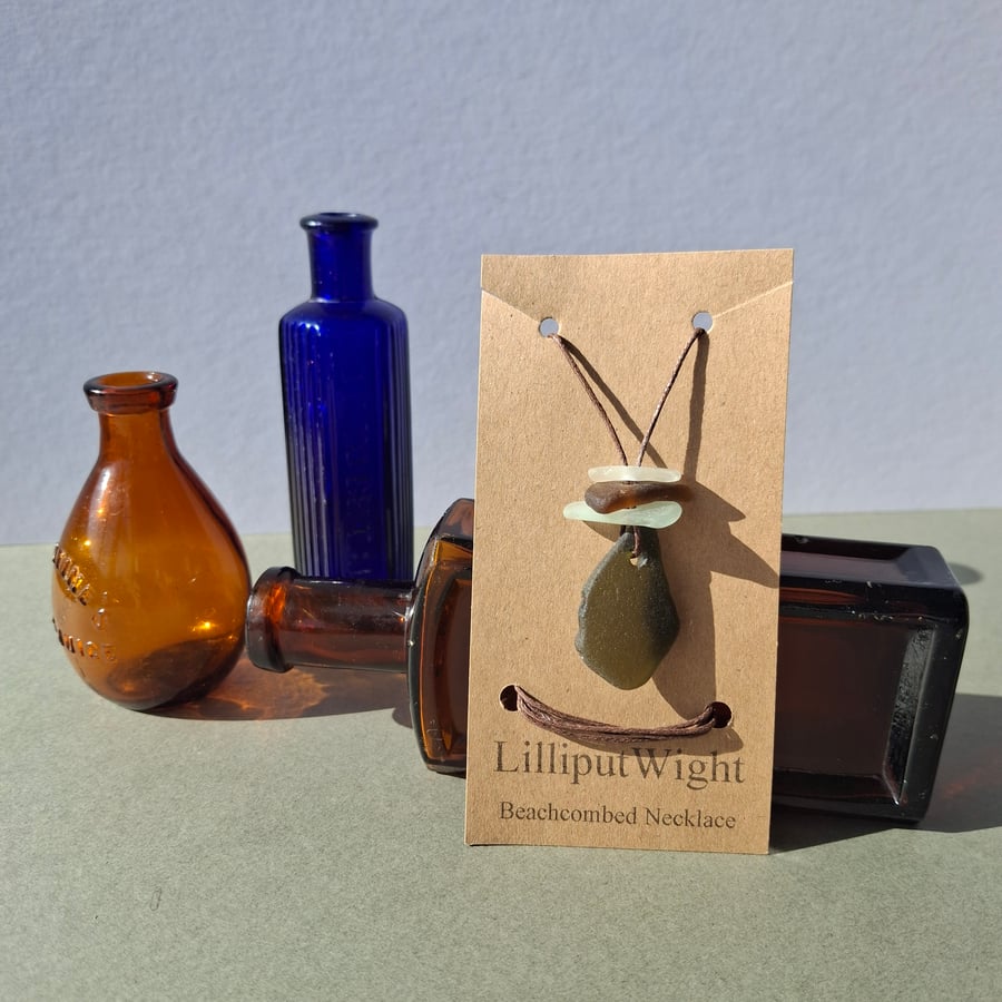 Beachcombed Necklace, Green, Brown and White Sea Glass on a Cotton Cord 