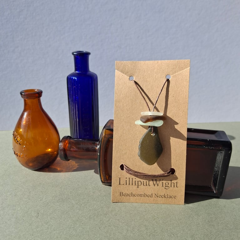 Beachcombed Necklace, Green, Brown and White Sea Glass on a Cotton Cord 