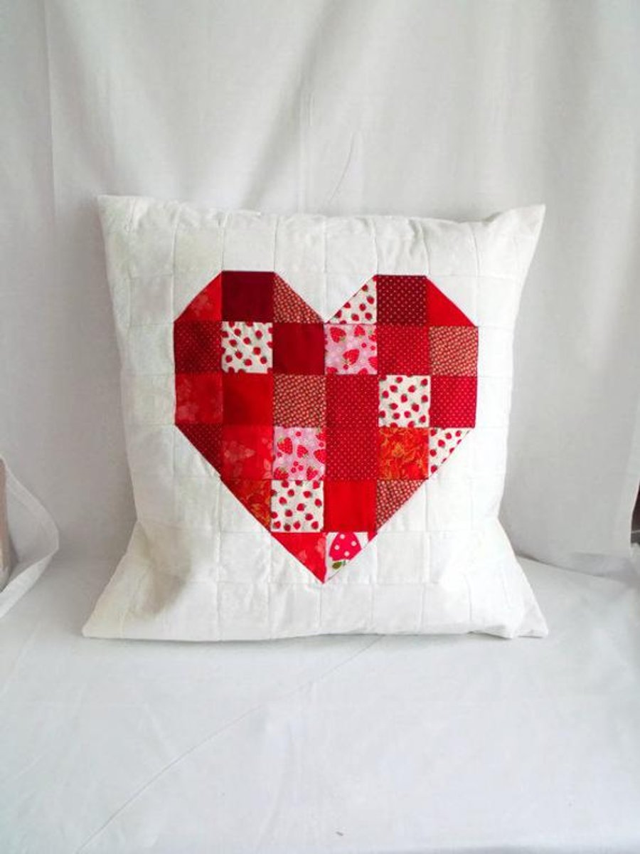 valentine red heart patchwork cushion cover, big statement accent pillow, 20 "