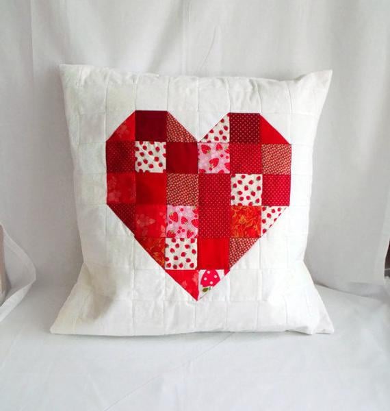 valentine red heart patchwork cushion cover, big statement accent pillow, 20 "