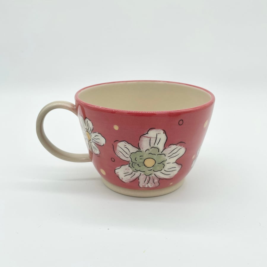 Handmade Mug Tea Coffee Red White Flowers Mothers Day Birthday Pottery Gift