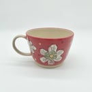 Handmade Mug Tea Coffee Red White Flowers Mothers Day Birthday Pottery Gift