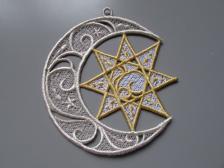 Embroidered metallic Christmas moon and star decoration hand made