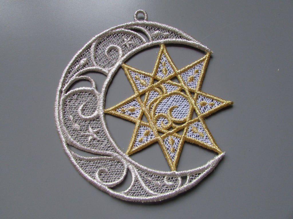 Embroidered metallic Christmas moon and star decoration hand made