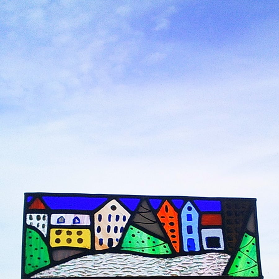 Snowy Winter Village, Stained Glass Panel