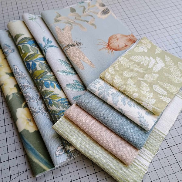 Fabric scrap pack - floral theme bundle of reclaimed curtain samples Aqua Green 