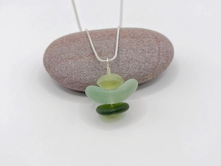 Jade and Cornish Sea Glass Stack Pendant - Curved