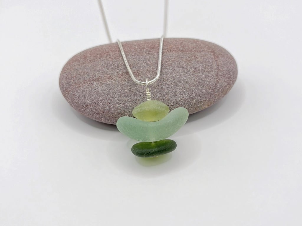Jade and Cornish Sea Glass Stack Pendant - Curved