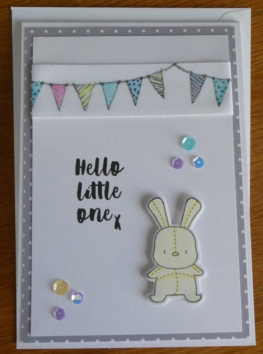 Bunting & Bunny New Baby Card with Free Gift Tag - Lemon