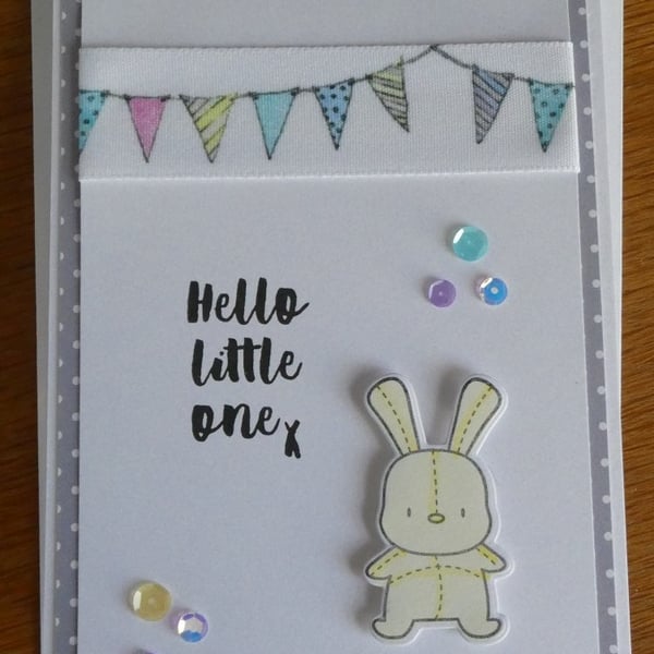 Bunting & Bunny New Baby Card with Free Gift Tag - Lemon