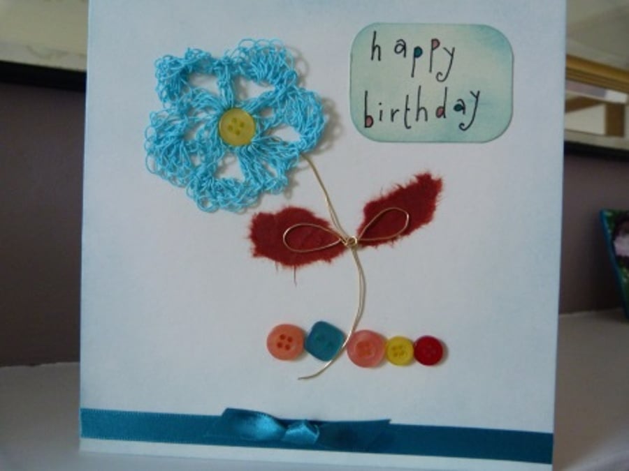Turquoise Crochet Flower Birthday Card