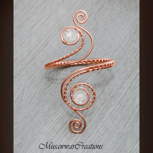Crackled quartz Upper  arm cuff- bracelet-copper arm cuff ,swirl design upper
