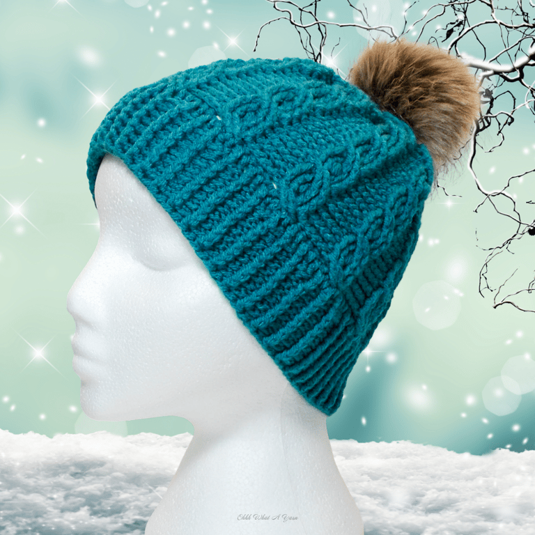 Crochet hat, beanie. Ladies teal cable pom pom hat. Ladies hat.