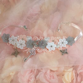 Pastel pink, grey and white lace choker PB5