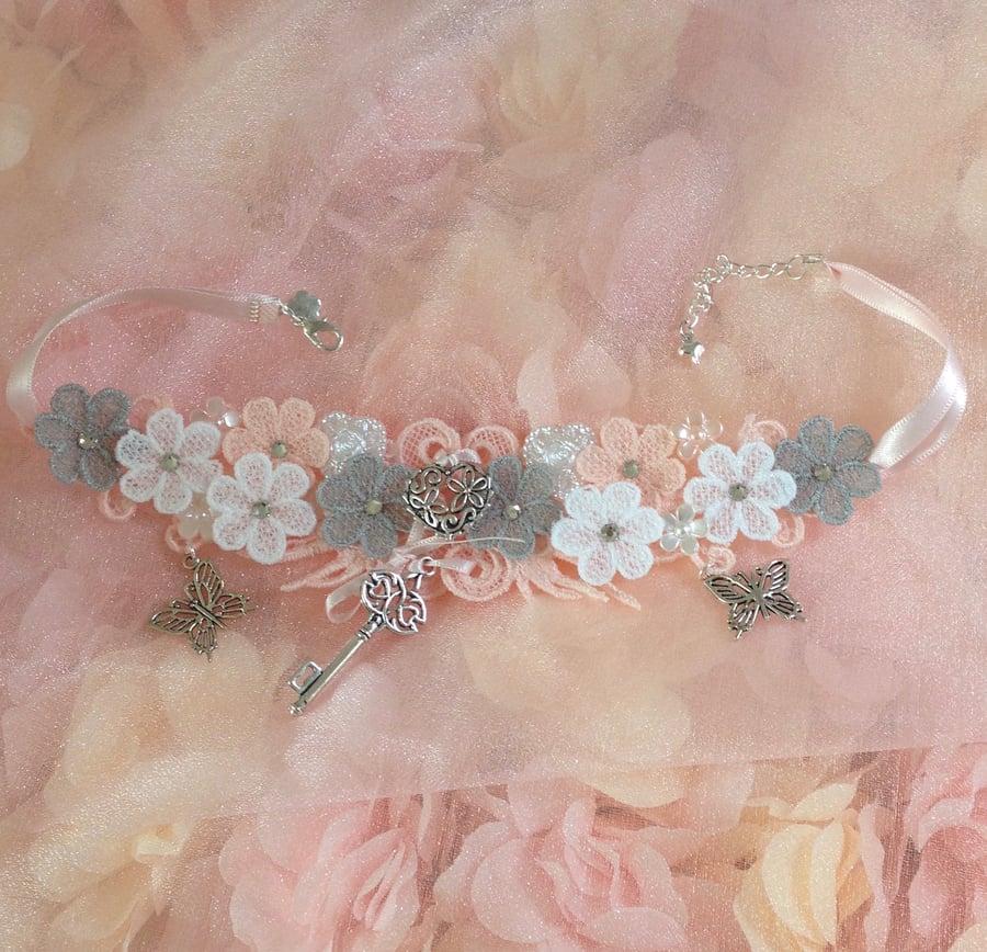 Pastel pink, grey and white lace choker PB5