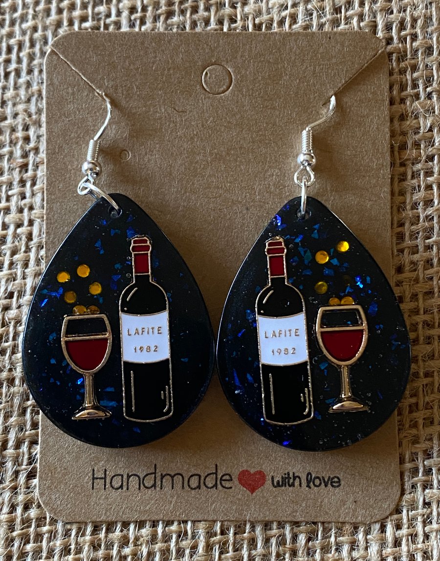 Handmade Teardrop Resin Earrings Featuring Wine Glass And Bottle