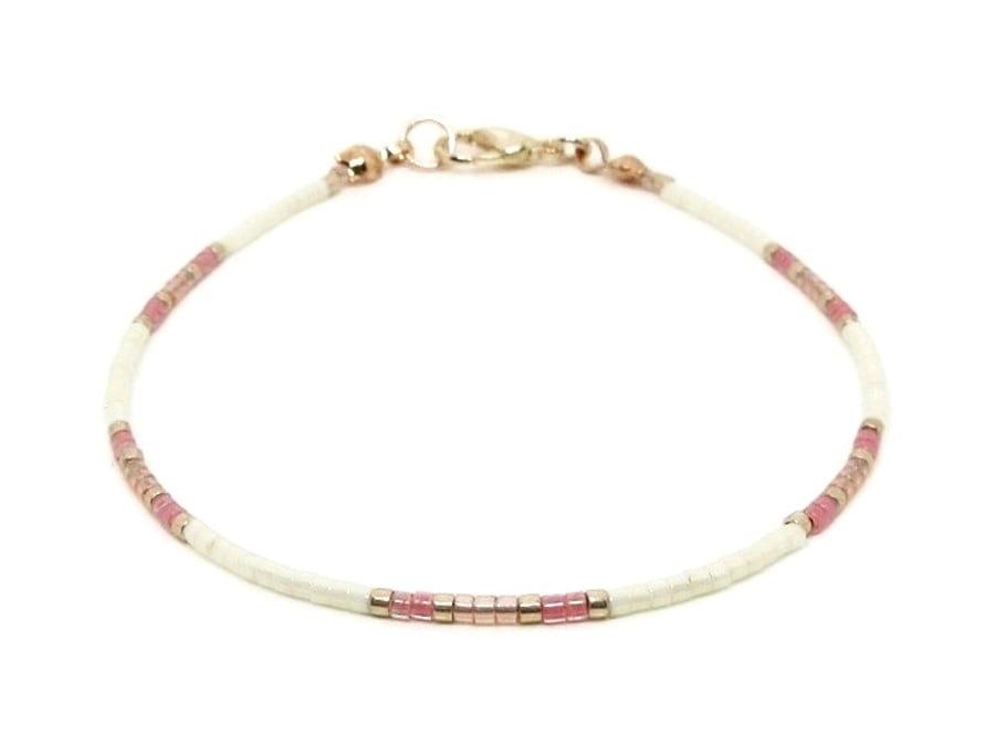 Dainty Cream, Pink & Rose Gold Seed Bead Bracelet For Her  6.5" - 8.5"